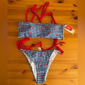 CIDER Womens 2 Piece Swimsuit Set Tie String Bikini Blue Gingham Cherry XL NWT